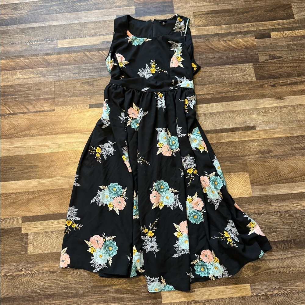 Floral Plus Size Dress - Black with Blue and Pink Accents